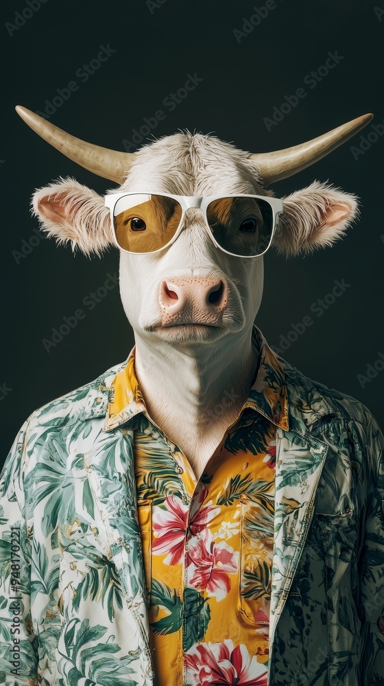 A man is wearing a cow mask along with some stylish sunglasses A man is wearing a cow mask along with some stylish sunglasses