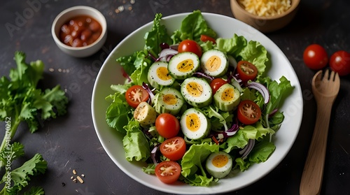 Green salad with fresh leaves and vegetables in white plat.generative.ai