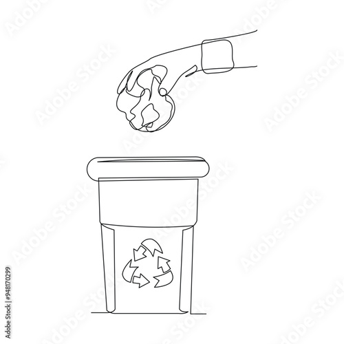 Continuous single line sketch drawing of hand throwing garbage into recycle bin. Dustbin rubbish bin and trash garbage bag home appliance kitchenware tools one line vector illustration