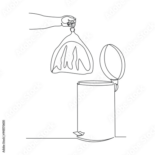 Continuous single line sketch drawing of hand throwing garbage into recycle bin. Dustbin rubbish bin and trash garbage bag home appliance kitchenware tools one line vector illustration