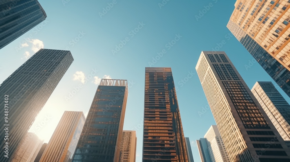 Glass tower with reflections in a bustling city skyline. Glass tower with reflections in a bustling city skyline.