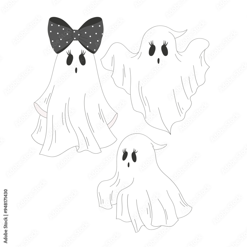 Cute ghost vector clip-art set isolated on white. Coquette Halloween illustration. Cute ghost vector clip-art set isolated on white. Coquette Halloween illustration.