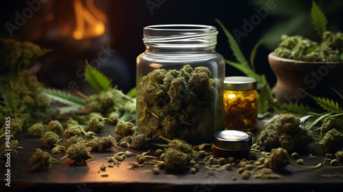 Still life close up medical cannabis in prescription bottle