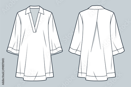 Tunic Dress technical fashion Illustration. Bell Sleeve Dress fashion flat technical drawing template, mini, three-quarter sleeve, relaxed fit, front, back view, white, women, men, unisex CAD mockup.