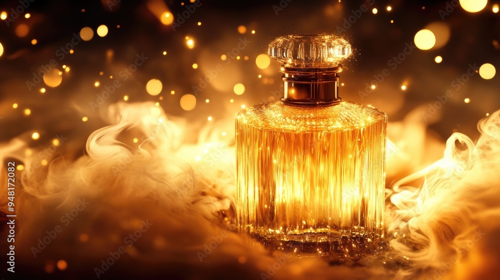 A luxurious perfume bottle surrounded by swirling smoke and glowing golden lights, creating an elegant and mysterious atmosphere. A luxurious perfume bottle surrounded by swirling smoke and glowing golden lights, creating an elegant and mysterious atmosphere.