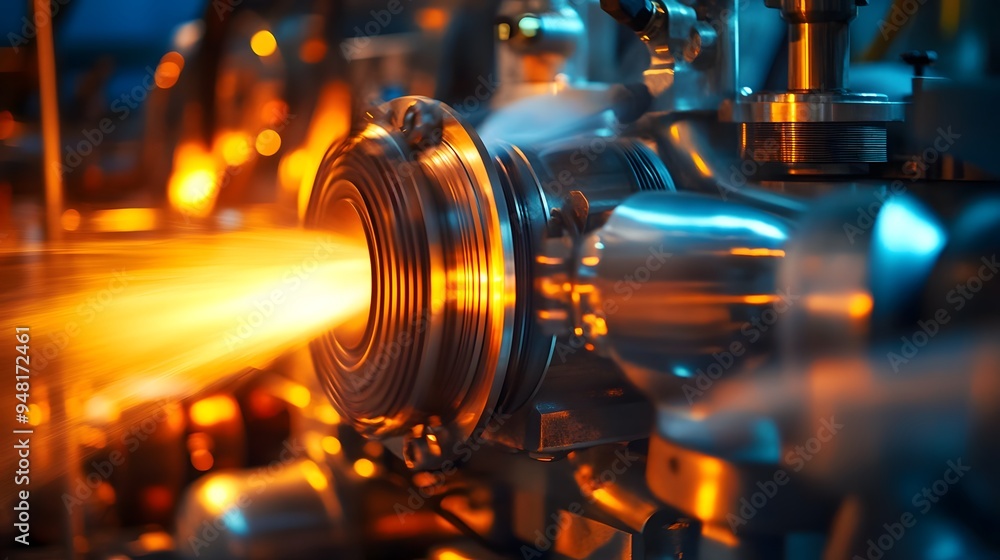 Close-up of a jet engine with a bright flame coming out. Close-up of a jet engine with a bright flame coming out.