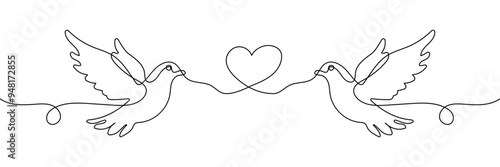 Two dove with love heart line art vector illustration