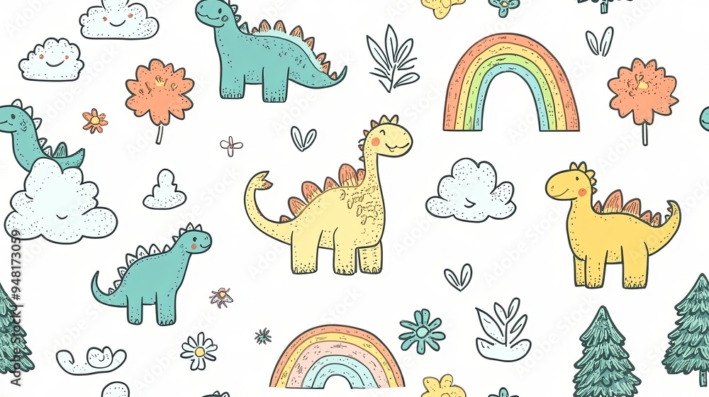 Obraz premium Seamless pattern with cute cartoon dinosaurs, rainbows, clouds, and flowers on a white background.