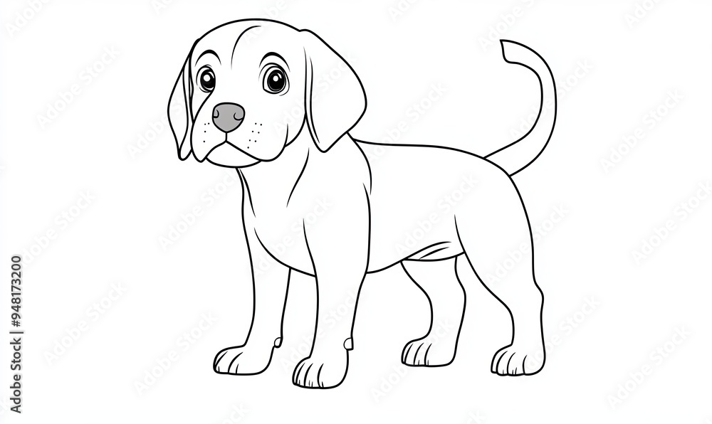 A simple line drawing of a beagle puppy with big, cartoon-like eyes standing upright, looking to the side with its tail curled. A simple line drawing of a beagle puppy with big, cartoon-like eyes standing upright, looking to the side with its tail curled.