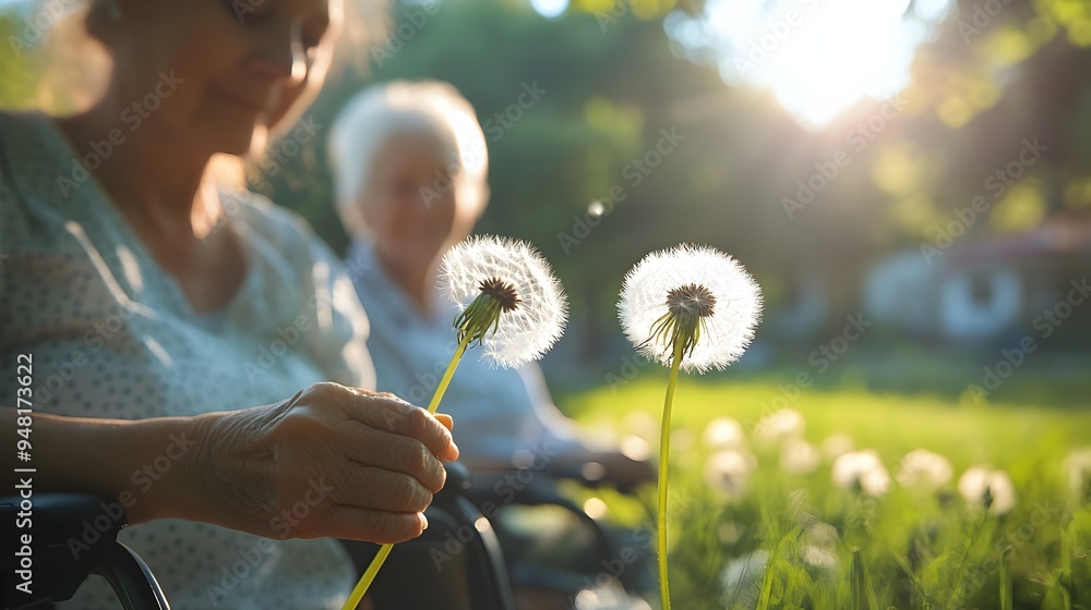 Fototapeta premium Caring Moments Shared in Nature Senior Woman and Caregiver Enjoying Dandelions