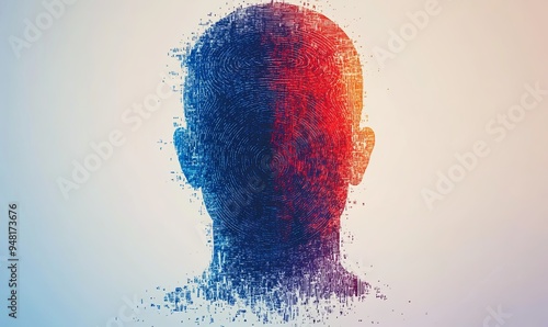 Abstract human head silhouette made from pixels in blue and red colors.