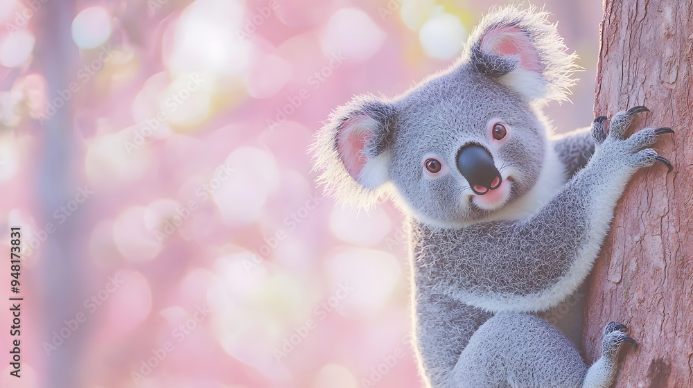 Adorable 3D Koala Clinging to Tree with Pastel Background Adorable 3D Koala Clinging to Tree with Pastel Background
