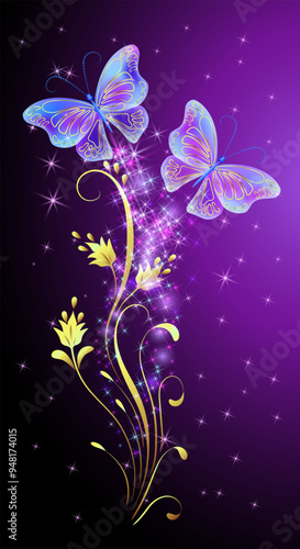 Fairytale night sky with magical blue butterflies and floral ornament and stars. Fantasy sparkle background.
