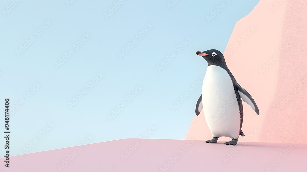 Naklejka premium penguin, gentoo, bird, animal, pink, background, standing, upright, black, white, minimalist, playful, wildlife, nature, Antarctica, isolated, fauna, seabird, avian, monochrome, cold, waddle, cute, sm