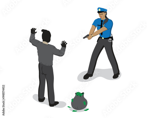 vector design cartoon illustration of a female police officer in a blue uniform arresting and pointing a gun at a money robber who is standing with both hands raised