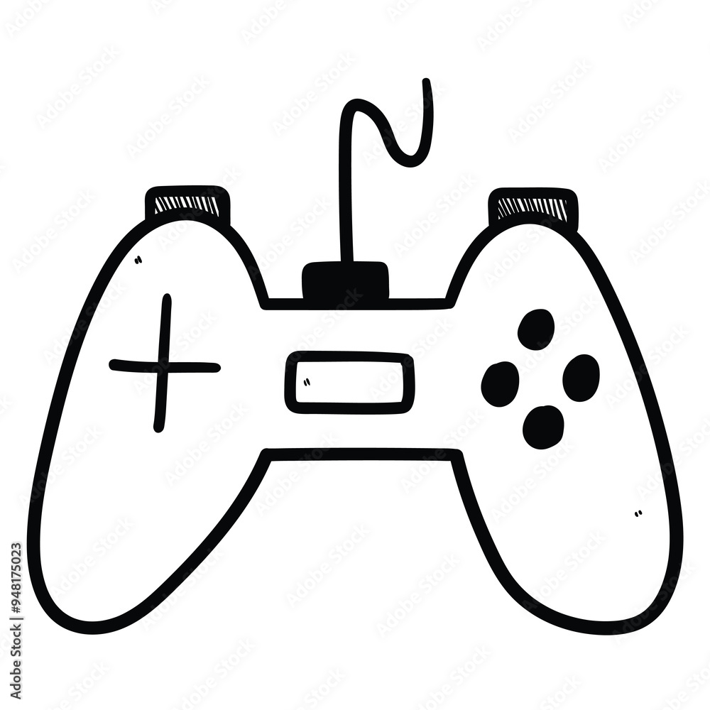 Hand drawn doodle game joystick on white background.