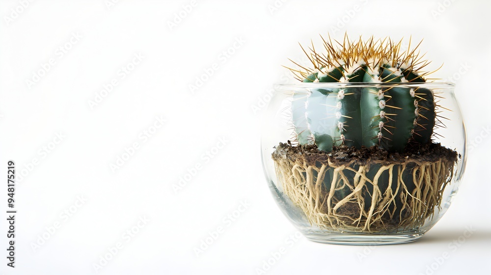 Close up of a Spiky Cactus Growing in a Glass Vase on a Tabletop Close up of a Spiky Cactus Growing in a Glass Vase on a Tabletop