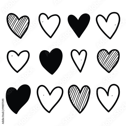 Hand drawn doodle set of hearts on white background. Love, together, february 14.