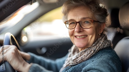 Mature Woman Driving Happily Enjoying Independent Car Ride