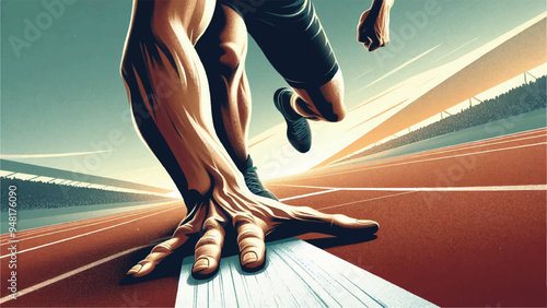 A flat design style image of A close-up, dynamic shot of a runner's outstretched hand, almost touching the finish line tape 