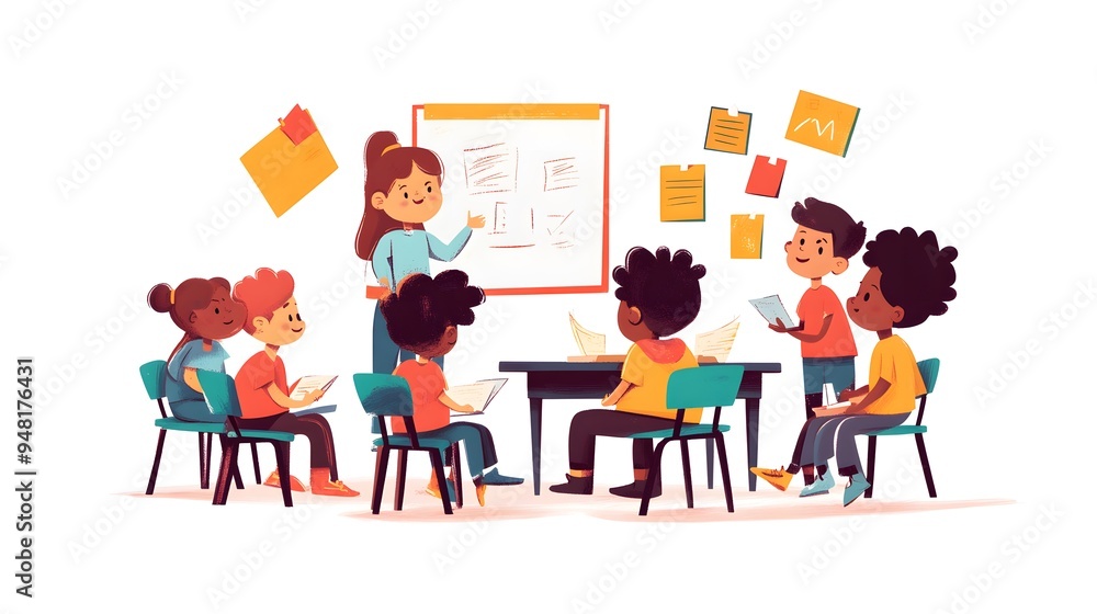 A doodle-style illustration of students in a classroom, listening to the teacher's speech on a whiteboard A doodle-style illustration of students in a classroom, listening to the teacher's speech on a whiteboard