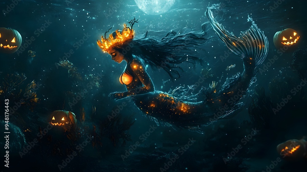 Fototapeta premium Ethereal Bioluminescent Mermaid Amid Ghostly Coral and Eerie Ocean Creatures under Moonlit Waves
