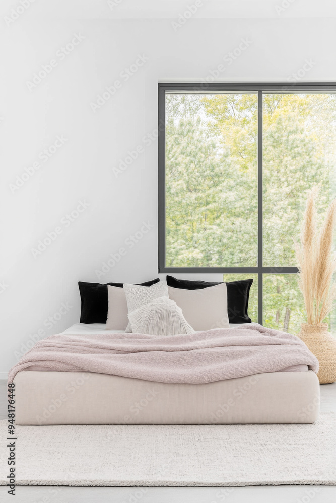 Fototapeta premium Modern minimalist bedroom interior in neutral colors with a bed next to a window and elegant decor.