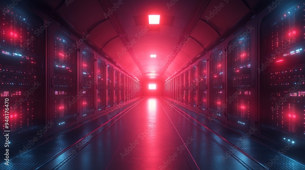 Red Neon Glowing Server Room Hallway Red Neon Glowing Server Room Hallway