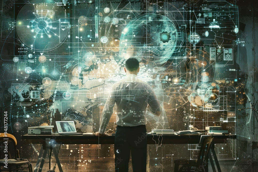 Fototapeta premium Man Studying Digital Interface