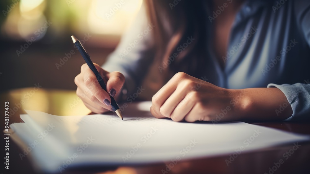 Focused Business Writing in Notebook at Office Table Focused Business Writing in Notebook at Office Table
