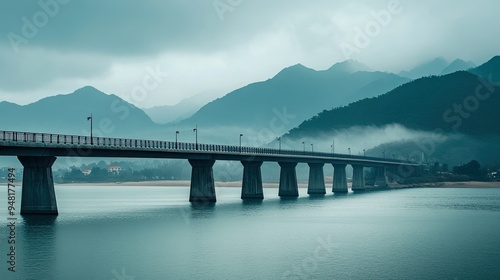 Scenic view of the Golden Bridge in Da Nang, Vietnam, with misty mountains. No people, copy space.