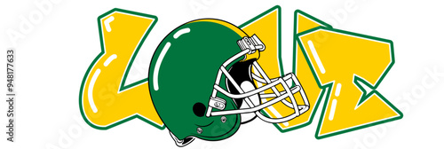 Love - Yellow and Green football player helmet, sport vector graphics, hockey, for street art - graffiti lettering typography - art illustration - multicolor - writen Word -