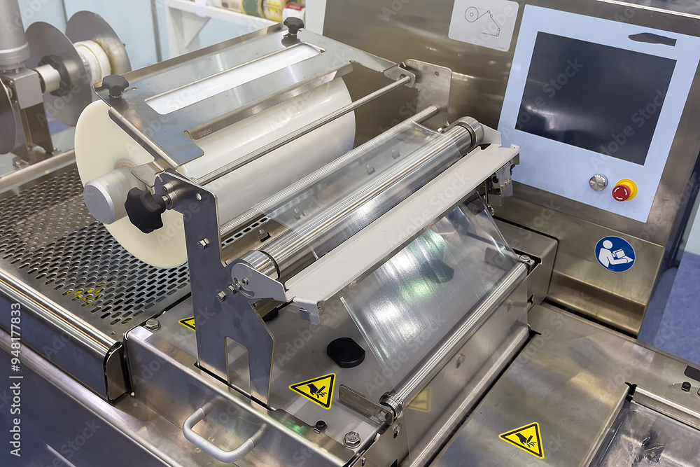 Roll of plastic packaging film on the automatic packing machine in food product factory Roll of plastic packaging film on the automatic packing machine in food product factory