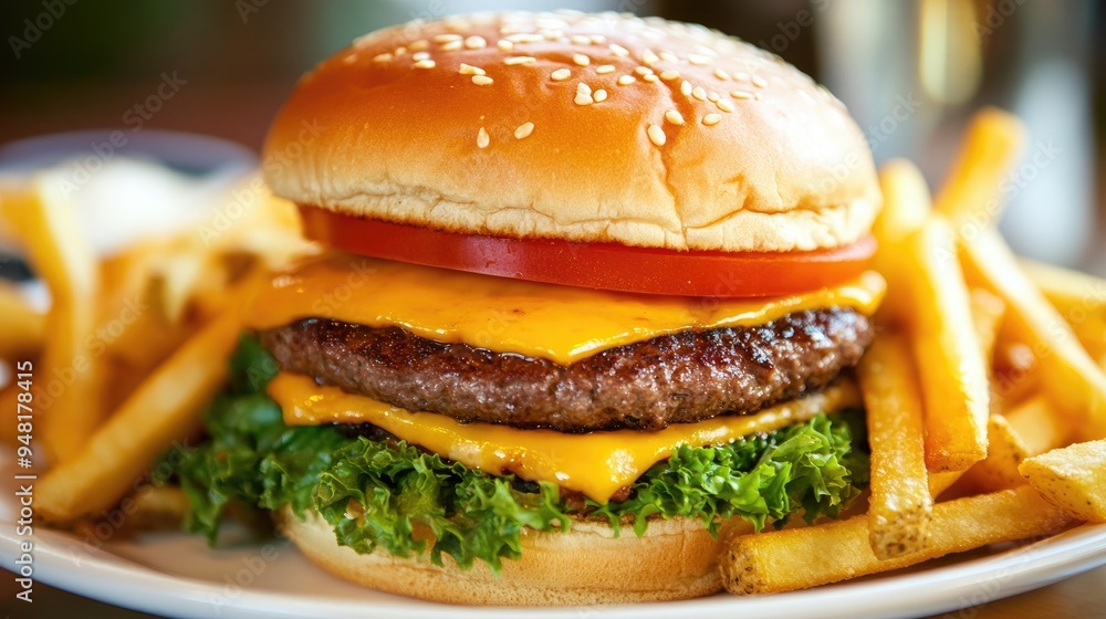 A mouthwatering cheeseburger with fries and tomato slices, arranged on a plate, ready to be enjoyed. A mouthwatering cheeseburger with fries and tomato slices, arranged on a plate, ready to be enjoyed.