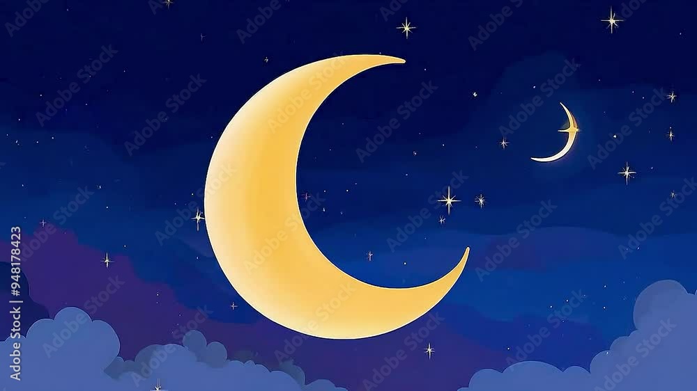 A yellow crescent moon and stars are shining brightly in the night sky A yellow crescent moon and stars are shining brightly in the night sky
