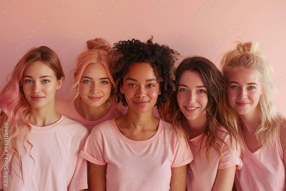 Fototapeta premium Outubro Rosa: Group Portrait of Women Supporting Breast Cancer Awareness