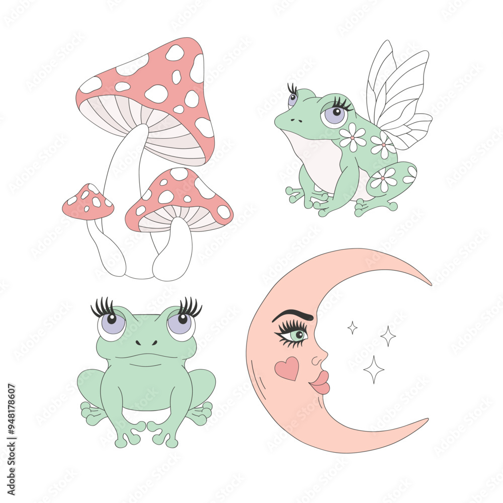 Naklejka premium Cute frog Fly-agaric Crescent vector clip-art set isolated on white. Coquette Halloween illustration.