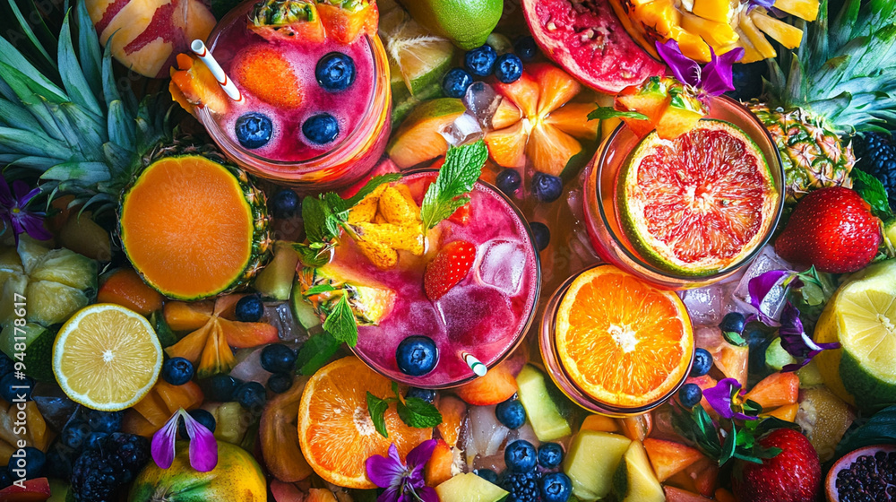 Fototapeta premium Fresh Fruit Cocktails on Sunny Yellow Background – Summer Beverage.