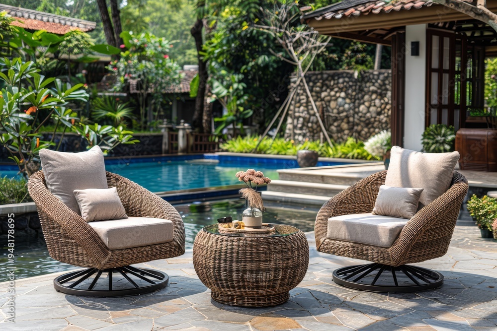 Obraz premium 3-Piece Patio Set with Swivel Chairs and Glass Table, Light Brown Wicker Frame, Poolside with Garden Background