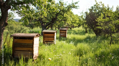 Wooden Beehives in a Lush Meadow
