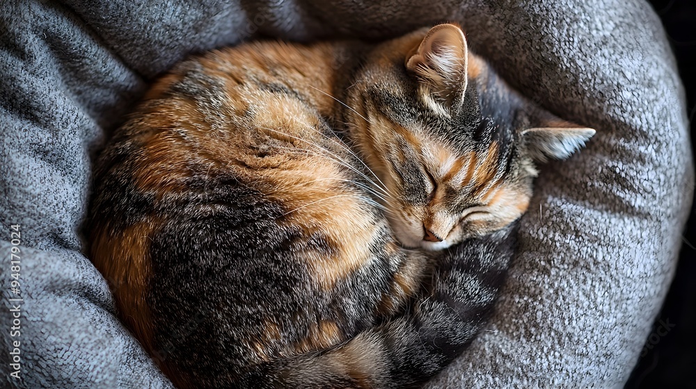 Chubby Feline Snuggled in Cozy Ball Under Warm Evening Glow Chubby Feline Snuggled in Cozy Ball Under Warm Evening Glow