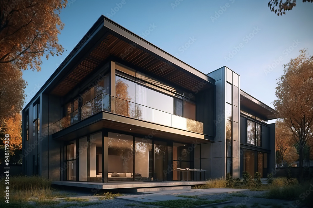 Fototapeta premium Modern private residence with sleek, high-tech architecture, featuring expansive glass windows, clean lines, and a flat roof, set against a backdrop of autumnal trees.