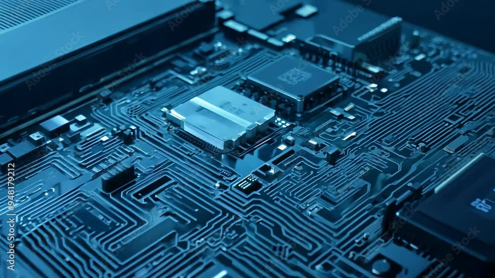Close-up view of a computer circuit board showcasing intricate electronic components and connections Close-up view of a computer circuit board showcasing intricate electronic components and connections