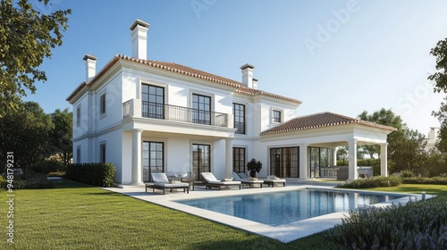 A large white house with a pool and a patio photo