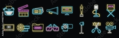 Cinema industry neon sign set featuring clapperboard, ticket, megaphone, award, director chair, typewriter, camera