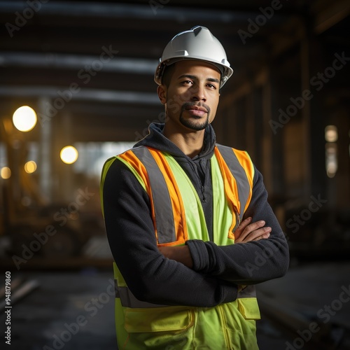 A happy adult worker in hard hat standing with a construction vehicle.
