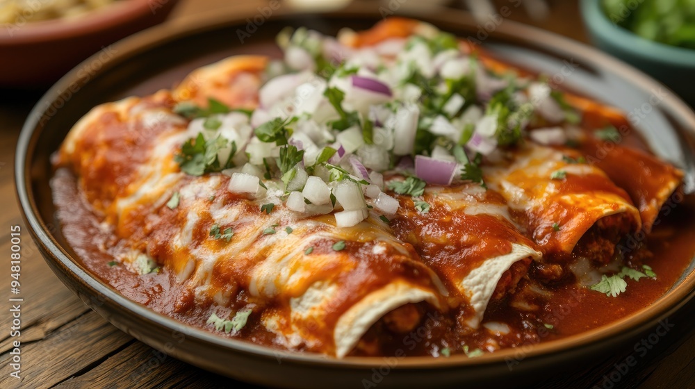 A plate of enchiladas drenched in savory red sauce, topped with melted cheese and fresh onions, close-up view. A plate of enchiladas drenched in savory red sauce, topped with melted cheese and fresh onions, close-up view.