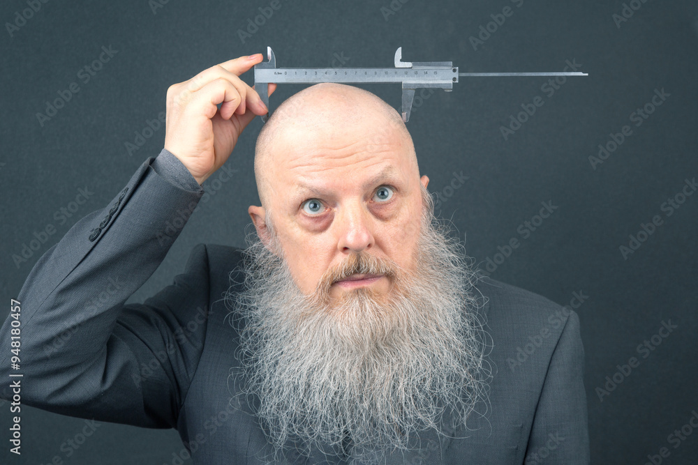 bald bearded man measures the width of his head with a caliper bald bearded man measures the width of his head with a caliper