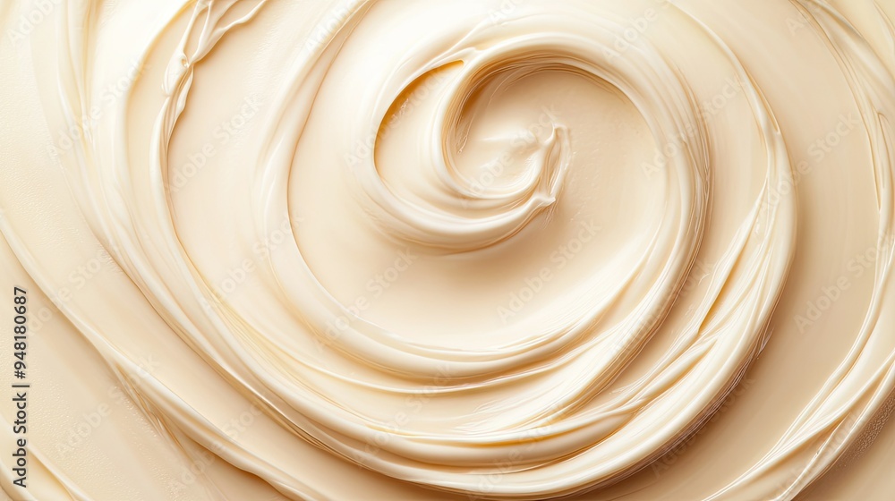 Top view of a swirl of cream on a smooth, light background, ample copy space to the side for branding.