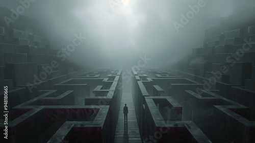 A man is walking through a maze with a red line on the ground. The maze is dark and gloomy, and the man is lost photo